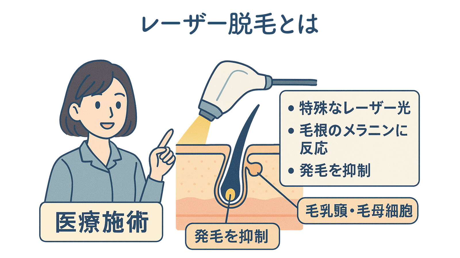 医療用レーザー脱毛とは、特殊な波長のレーザー光を肌に照射し、毛根のメラニン色素に熱ダメージを与えることで、毛を生やす組織（毛乳頭・毛母細胞）を破壊し、発毛を抑制する施術です。
