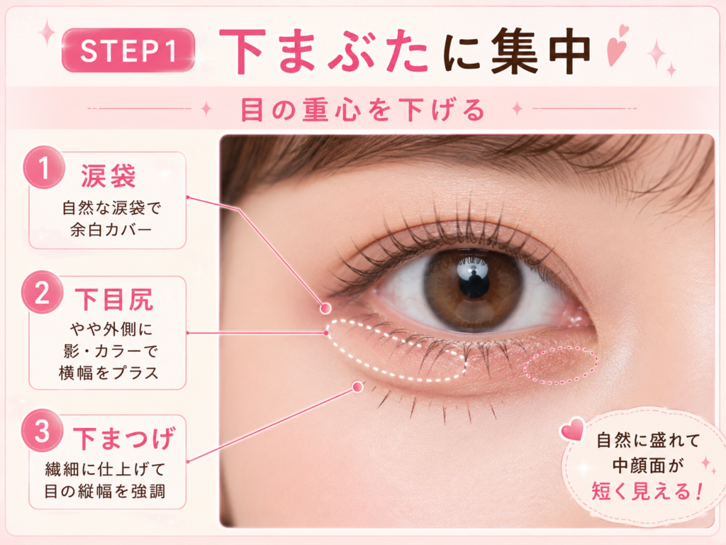 下まぶたメイクで目の重心を下げる