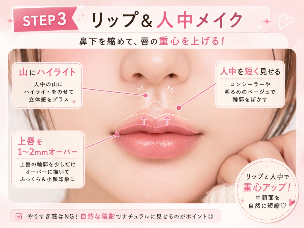 リップと人中メイクで鼻下を短く見せる