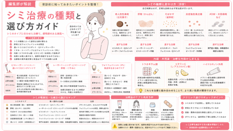 シミ・美白の美容医療ガイド｜シミの種類と治療法（レーザー・フォトフェイシャル・内服）の違いと選び方